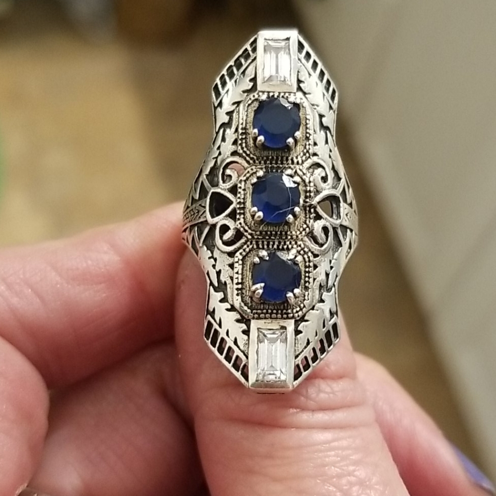 Sapphire & White Topaz Silver Ring Sz8